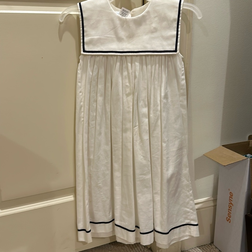 Girls white dress with navy blue trim